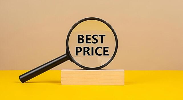 Magnifying glass focusing on the phrase Best Price displayed on a wooden block against a twotone background symbolizing value affordability and the search for the most competitive deals in a bright an photo