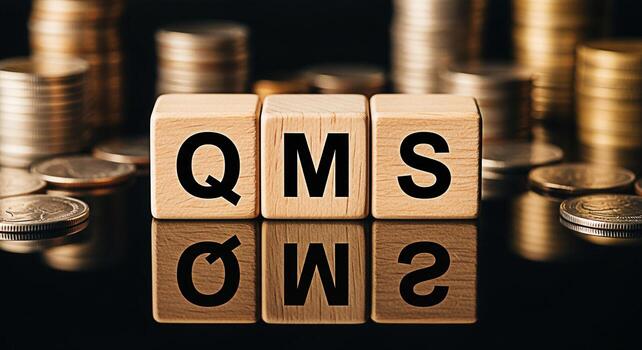 Wooden blocks displaying QMS acronym surrounded by stacks of coins on a reflective surface representing quality management system and financial success in a business environment conveying a message of photo