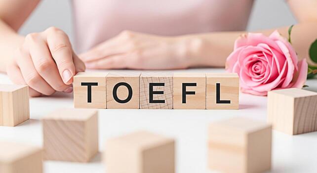 Female student arranging wooden blocks spelling TOEFL on a white table with a pink rose symbolizing preparation and focus for the Test of English as a Foreign Language creating a positive and encourag photo