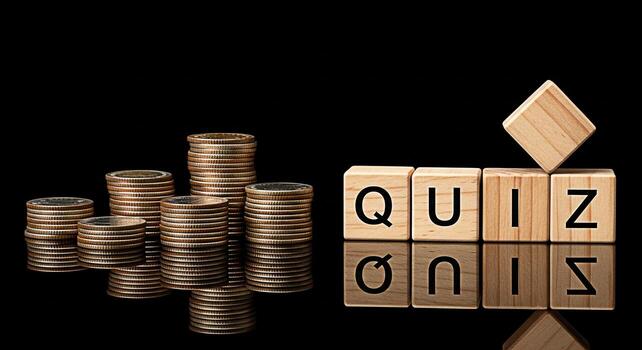 Stacks of coins alongside wooden blocks spelling QUIZ on a reflective black surface representing financial literacy and the challenge of understanding money management concepts creating a sense of pla photo