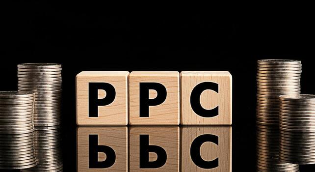 Wooden blocks displaying PPC letters with stacks of coins on a reflective black surface symbolizing payperclick advertising and online marketing success conveying a message of investment and financial photo