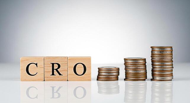 Wooden blocks spelling CRO next to stacks of coins on a reflective surface representing conversion rate optimization and financial growth in a clean modern setting symbolizing business success and inv photo