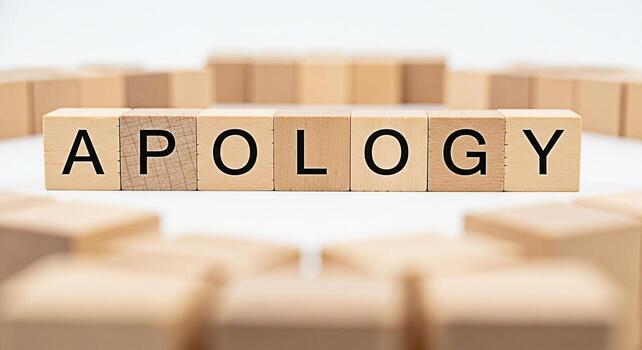 Wooden blocks spelling Apology on a white surface surrounded by other blocks conveying a message of regret and reconciliation in a clean minimalist setting representing sincerity and the importance of photo