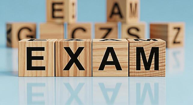 Wooden blocks spelling EXAM on a reflective surface with other letter blocks in the background representing the concept of education testing and academic challenges in a bright and clean studio settin photo