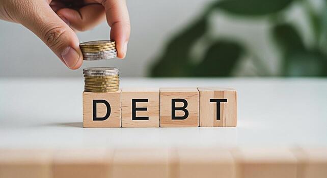Hand stacking coins on wooden blocks spelling DEBT on a white table symbolizing financial burden and the challenge of managing debt with savings and investment in a modern minimalist setting photo