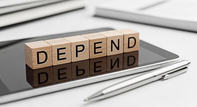 Wooden blocks spelling DEPEND resting on a tablet with a pen symbolizing reliance and trust in a digital world conveying a message of dependability and stability in technology photo
