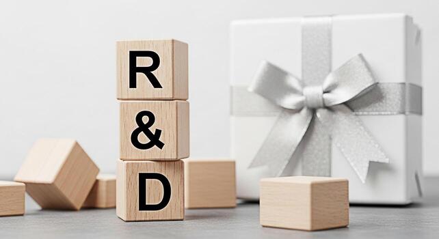 Wooden blocks displaying RD stacked near a gift box on a gray surface symbolizing research and development innovation and a potential reward for successful projects in a minimalist modern setting photo