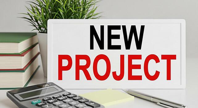 Office desk with a sign displaying New Project surrounded by books a calculator and a pen symbolizing a fresh start and the excitement of embarking on a new business venture in a professional setting photo