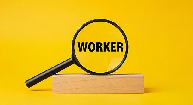 Magnifying glass focusing on the word Worker displayed on a yellow background symbolizing job search employment opportunities and the importance of skilled labor in a bright and optimistic setting photo