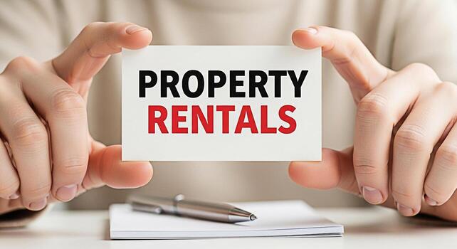 Closeup of hands holding a card displaying Property Rentals on a bright desk with a pen and notepad symbolizing real estate opportunities and the ease of finding rental properties creating a sense of photo