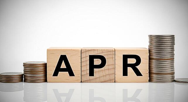 Wooden blocks displaying APR with stacks of coins on a reflective surface representing financial growth and interest rates in a clean minimalist setting conveying a sense of stability and investment o photo