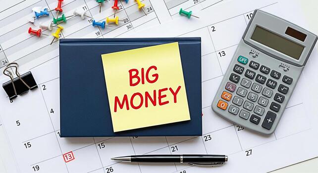 Financial planner reviewing calendar and budget with calculator and Big Money note strategizing for wealth creation and investment success in a modern office setting fostering a mood of ambition and p photo