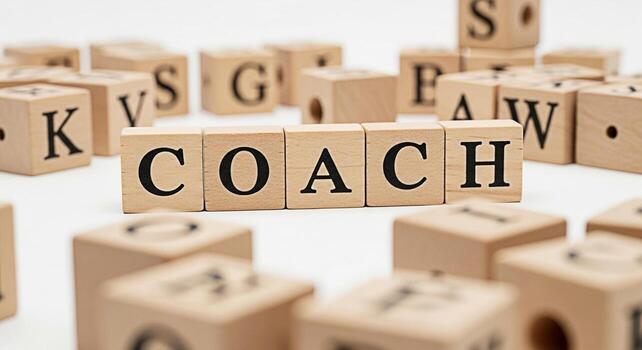 de madera bloques ortografía entrenador en un blanco superficie rodeado por otro letrado bloques representando Guia tutoría y apoyo para personal y profesional desarrollo en un aprendizaje ambiente foto