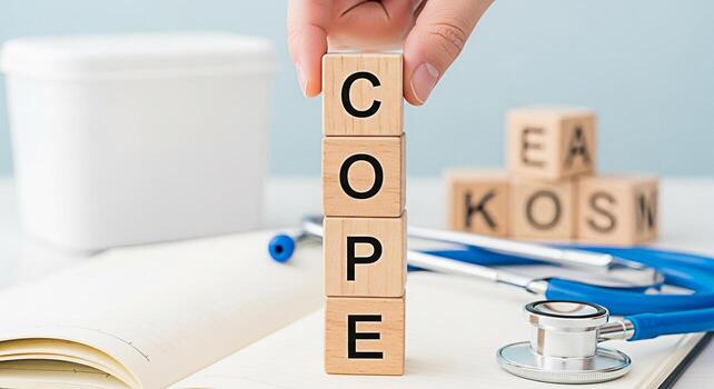 Hand stacking wooden blocks spelling COPE on a white desk with a stethoscope and notebook symbolizing resilience and adaptation in the face of medical challenges and promoting a positive outlook on he photo