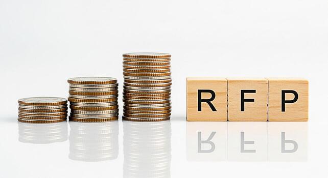 Stacks of coins increasing in value next to wooden blocks spelling RFP on a white surface representing a request for proposal and financial growth in a business or investment context photo
