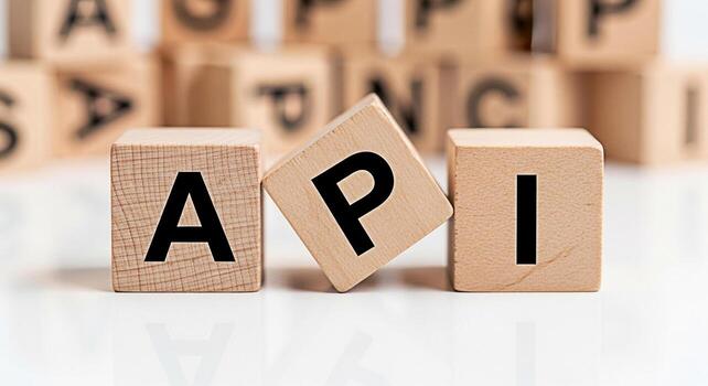 Wooden blocks displaying API on a white surface representing application programming interface in a conceptual studio setting symbolizing connectivity integration and modern technology solutions photo