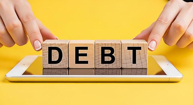 Womans hands arranging wooden blocks spelling DEBT on a tablet against a bright yellow background symbolizing financial challenges and the need for debt management and financial planning for a secure photo