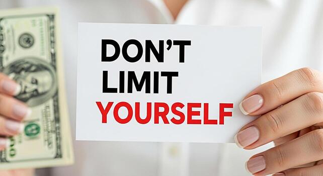 de cerca de manos participación un cien dólar cuenta y un tarjeta con el motivacional mensaje no límite tú mismo en un brillante optimista ajuste simbolizando financiero libertad y sin límites potencial foto