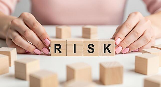 Woman arranging wooden blocks spelling RISK on a white table symbolizing business challenges and strategic decisionmaking in a bright optimistic setting representing calculated risks and opportunities photo