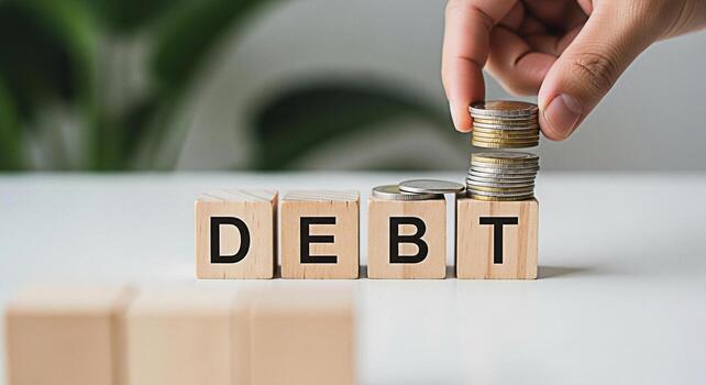 Hand stacking coins on wooden blocks spelling DEBT on a white table symbolizing financial burden and the challenge of managing debt with a focus on savings and financial planning for a secure future photo