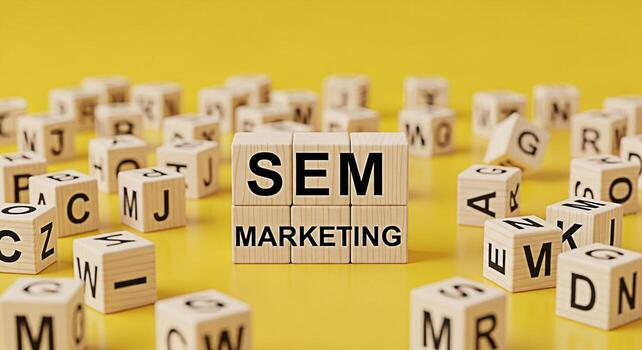 Wooden blocks spelling SEM Marketing on a vibrant yellow background surrounded by lettered cubes showcasing search engine marketing strategies and creating a focused informative and visually appealing photo