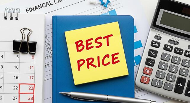 Closeup of a calendar calculator and notepad displaying Best Price in a bright office setting symbolizing financial planning cost savings and strategic business decisions for success photo