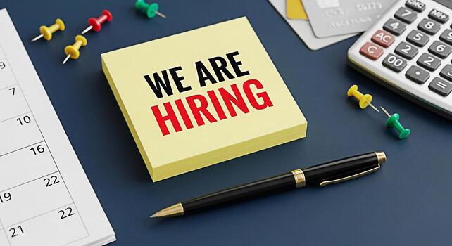 Organized office desk featuring a We are Hiring sticky note calendar pen calculator and push pins conveying a message of job opportunities and recruitment in a professional setting photo