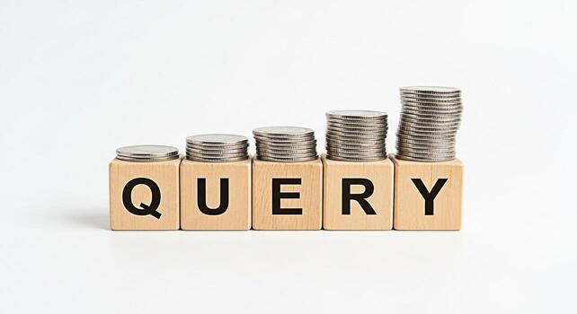 Stacks of coins growing on wooden blocks spelling QUERY against a white background representing search queries and SEO growth conveying a concept of financial investment and online business success photo
