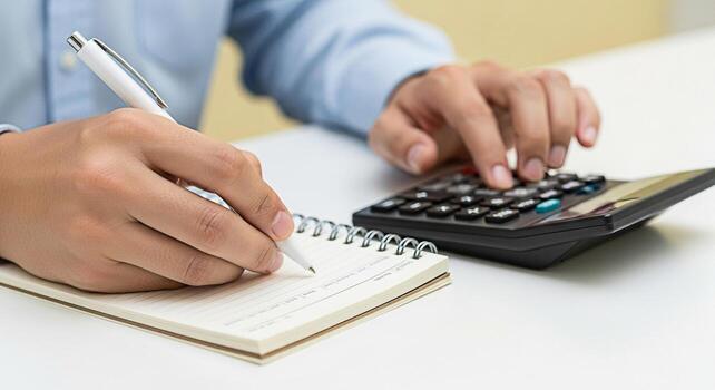 Focused accountant calculating finances and taking notes on a notepad in a bright office setting showcasing precision and attention to detail for financial planning and business management photo