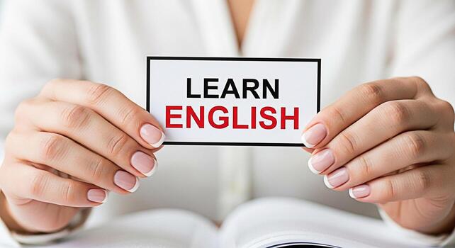 mujeres cuidado manos participación un tarjeta con el texto aprender Inglés terminado un abierto libro simbolizando idioma adquisición y educativo oportunidad en un brillante optimista ajuste foto