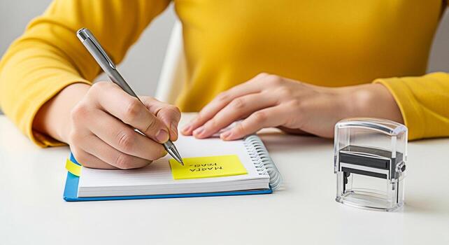 Focused person in yellow shirt writing notes on a notepad with a pen at a bright desk emphasizing organization and productivity with a stamp nearby creating a sense of efficiency and attention to deta photo