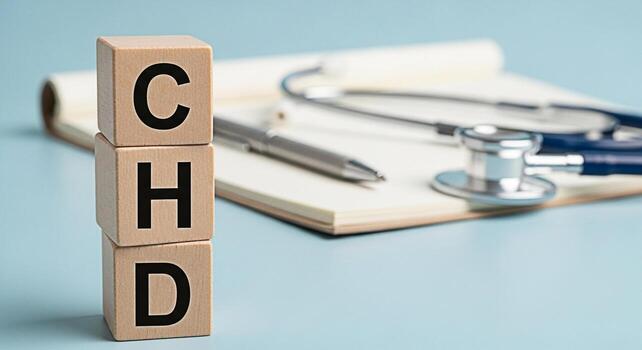 chd espelta fuera en de madera bloques descansando en un cuaderno con un estetoscopio y bolígrafo simbolizando cardiovascular salud conciencia y el importancia de médico chequeos en un clínico ajuste foto