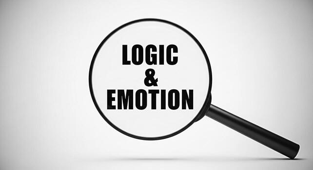 Magnifying glass focusing on the words Logic Emotion against a clean white background symbolizing the importance of critical thinking and emotional intelligence in decisionmaking processes photo
