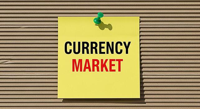 Yellow sticky note displaying Currency Market attached to a corrugated cardboard background with a green push pin symbolizing financial trading and global economics in a simple direct message photo