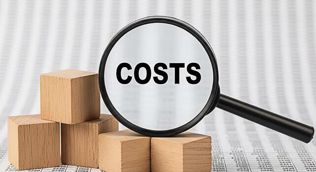 Magnifying glass focusing on the word Costs on a financial document with wooden blocks symbolizing financial analysis and cost management in a business setting conveying a sense of scrutiny and contro photo