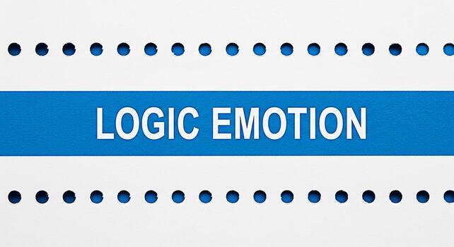 Conceptual image showing the words Logic Emotion on a blue stripe contrasting rational thought with feelings in a minimalist design evoking a sense of balance and decisionmaking processes photo