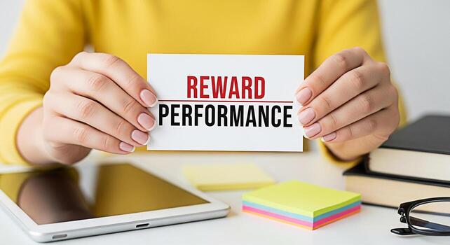 Woman in yellow sweater displaying a Reward Performance card at her office desk symbolizing recognition and motivation for achieving goals and outstanding results in a professional environment photo