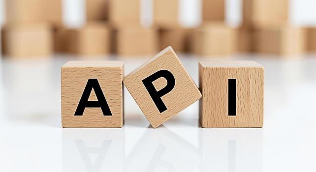 Conceptual wooden blocks displaying API on a white surface symbolizing application programming interface in a clean minimalist setting conveying a message of connectivity and integration photo