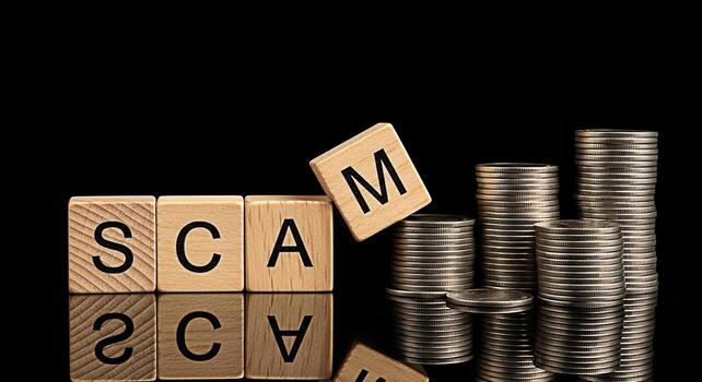 Wooden blocks spelling SCAM with stacks of coins on a black reflective surface representing financial fraud and deception creating a sense of risk and vulnerability in the world of finance photo