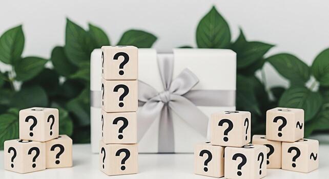 Intriguing wooden blocks displaying question marks surrounding a beautifully wrapped gift box set against a backdrop of lush green leaves creating a sense of mystery and anticipation for the unknown s photo