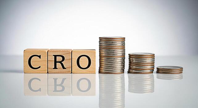 Wooden blocks spelling CRO next to stacks of coins on a reflective surface representing Conversion Rate Optimization and financial growth in a business setting conveying a sense of progress and invest photo