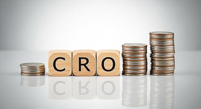 Wooden blocks spelling CRO next to increasing stacks of coins on a reflective surface representing Conversion Rate Optimization in a financial setting symbolizing growth and success photo