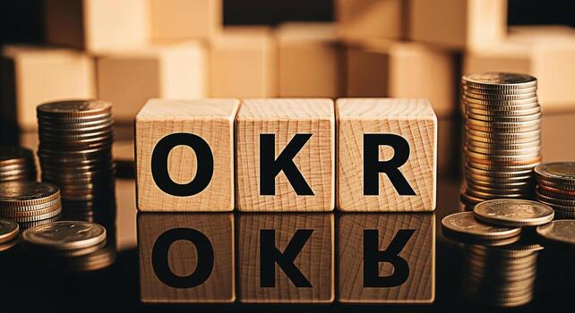 Wooden blocks spelling OKR surrounded by stacks of coins on a reflective surface symbolizing objectives and key results in a business strategy setting conveying a sense of financial goals and achievem photo