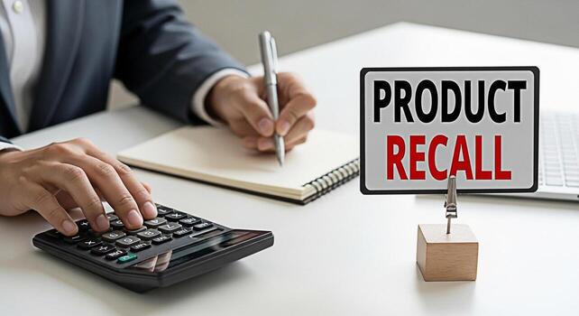 Focused businessman calculating expenses and writing notes at a bright desk with a Product Recall sign reflecting financial challenges and the importance of quality control in a modern office setting photo