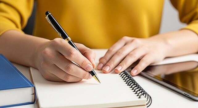 Focused student in a bright workspace taking notes in a spiral notebook with a pen surrounded by a book and tablet conveying a sense of concentration and academic pursuit for educational content photo