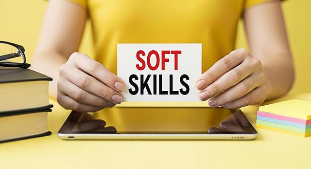 Person holding a card with the words Soft Skills in a bright yellow studio setting emphasizing the importance of interpersonal skills and emotional intelligence in professional development and career photo