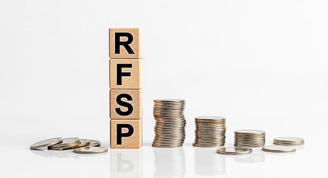 Wooden blocks spelling RFSP next to stacks of coins on a white surface representing a request for service proposal in a financial setting conveying a sense of investment and strategic planning for bus photo