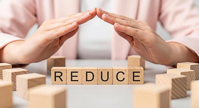 Protective hands hovering over wooden blocks spelling REDUCE on a neutral surface symbolizing cost reduction and risk management with a focus on minimizing expenses and promoting financial security an photo