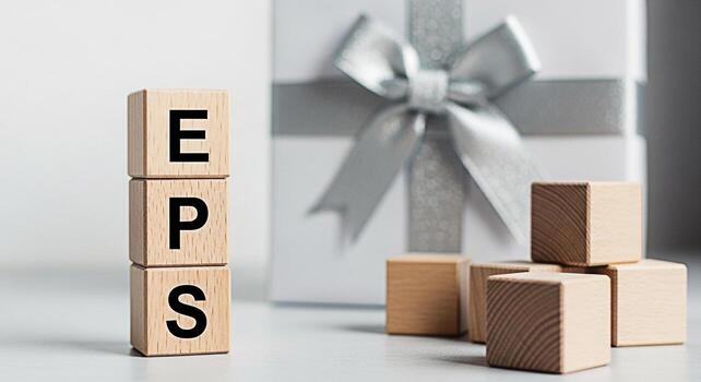 Wooden blocks displaying EPS with a blurred gift box in the background symbolizing earnings per share and financial success in a corporate setting conveying a message of investment and profitability photo