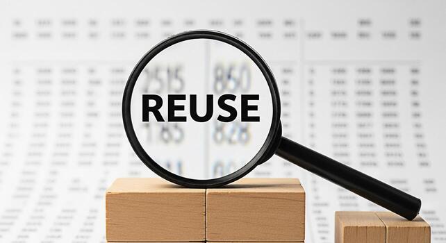 Magnifying glass focusing on the word Reuse over financial data on wooden blocks symbolizing sustainable business practices and resource management in a datadriven environment photo